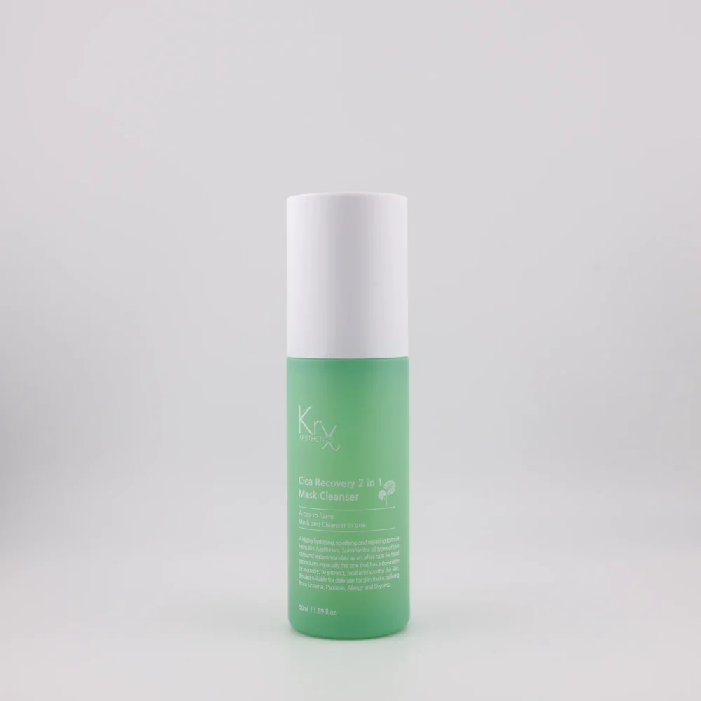 KrX Aesthetics Cica Recovery 2 in 1 Mask Cleanser – grüne 50 ml-Flasche mit weißem Deckel, beruhigender Reiniger & Maske in einem für empfindliche Haut.