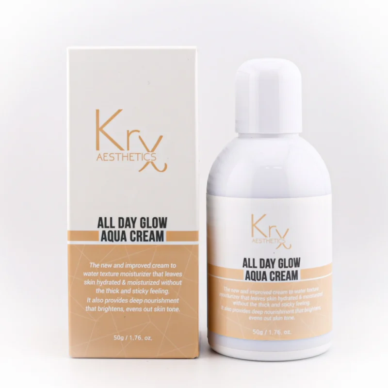 KrX Aesthetics All Day Glow Aqua Cream – Pflege in weißer Verpackung mit goldener Beschriftung