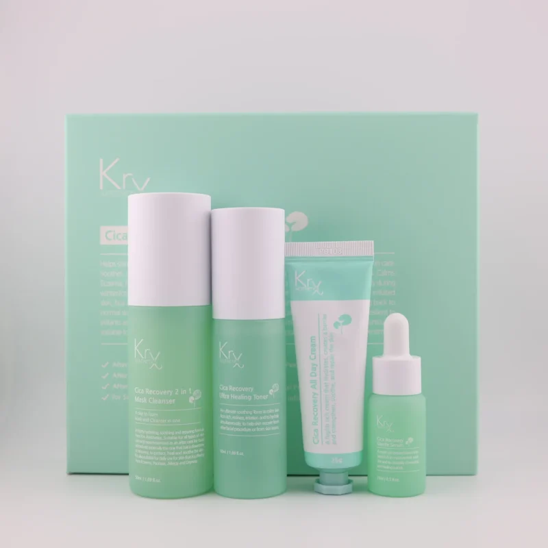 KrX Aesthetics Cica Recovery Set (Cleanser, Toner, Creme, Serum). Kosmetik für empfindliche Haut.