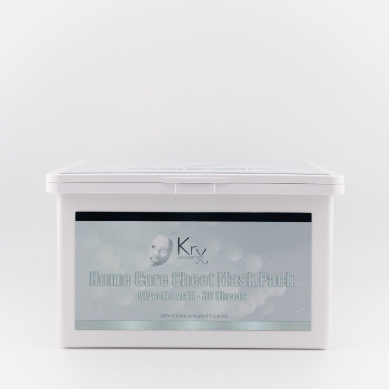 Weiße Box der KRX Home Care Sheet Mask mit goldenem Etikett und Aufschrift „Tranexamic Acid + Arbutin – 30 Sheets“, 300 ml konzentrierte Essenz.