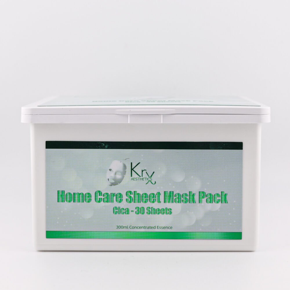 Weiße Box der KRX Home Care Sheet Mask Pack mit grünem Etikett und Beschriftung „Cica – 30 Sheets“