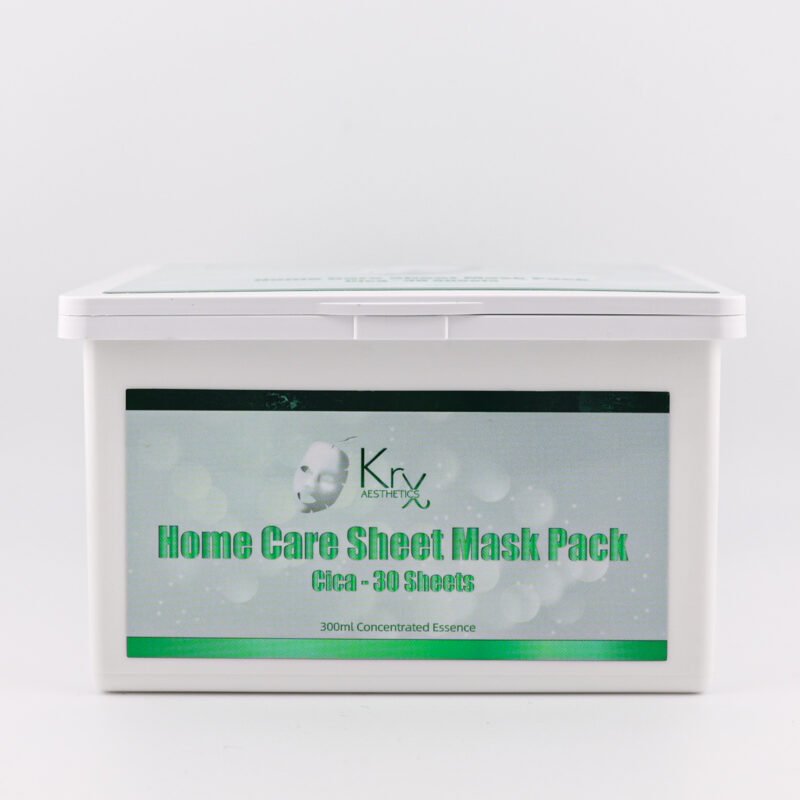 Weiße Box der KRX Home Care Sheet Mask Pack mit grünem Etikett und Beschriftung „Cica – 30 Sheets“
