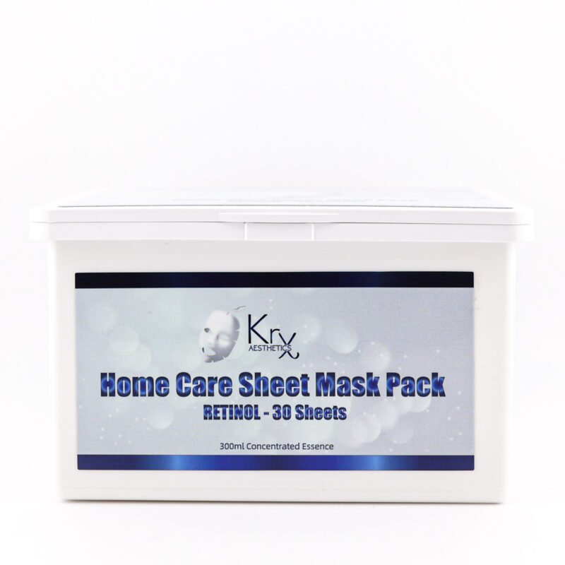 Zwei weiße Boxen der KRX Home Care Sheet Mask mit blauer Aufschrift „Retinol – 30 Sheets“, eine geöffnet mit entnehmbarer Maske.
