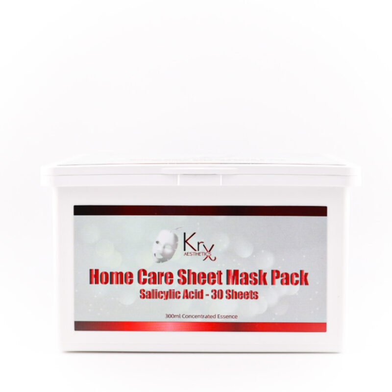 Weiße Box der KRX Home Care Sheet Mask mit rotem Etikett und Beschriftung „Salicylic Acid – 30 Sheets“, 300 ml konzentrierte Essenz.