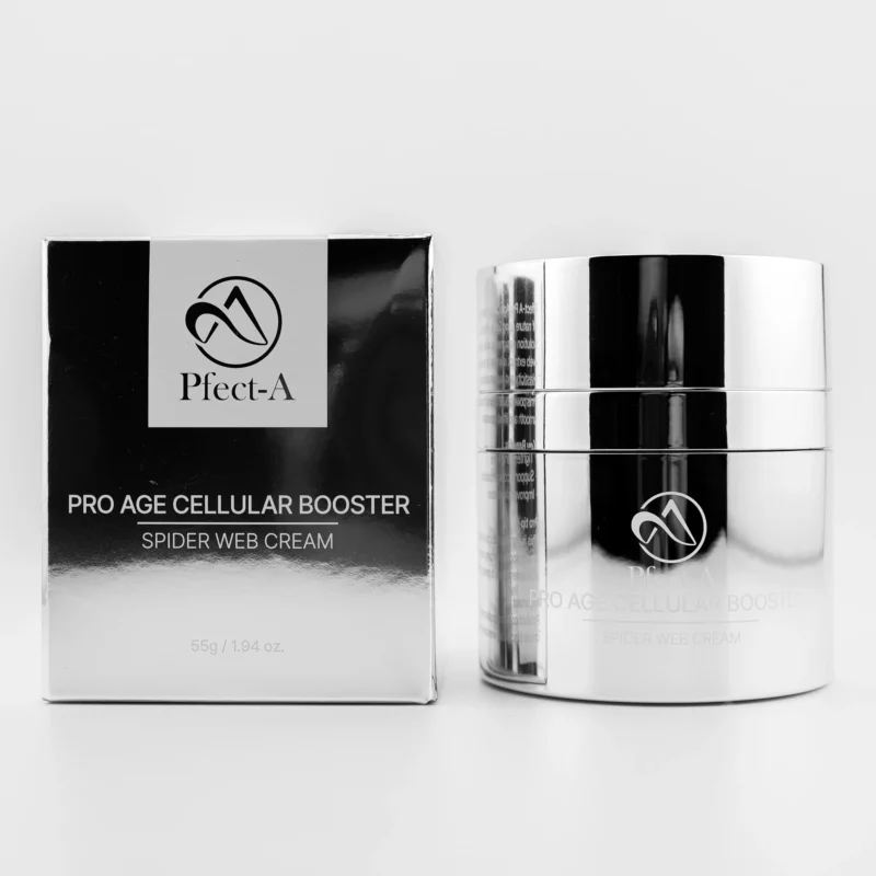 Pféct-A Spider Web Cream – luxuriöser silberner Tiegel mit Hochglanzverpackung, Produkt und Box auf hellem Hintergrund fotografiert.