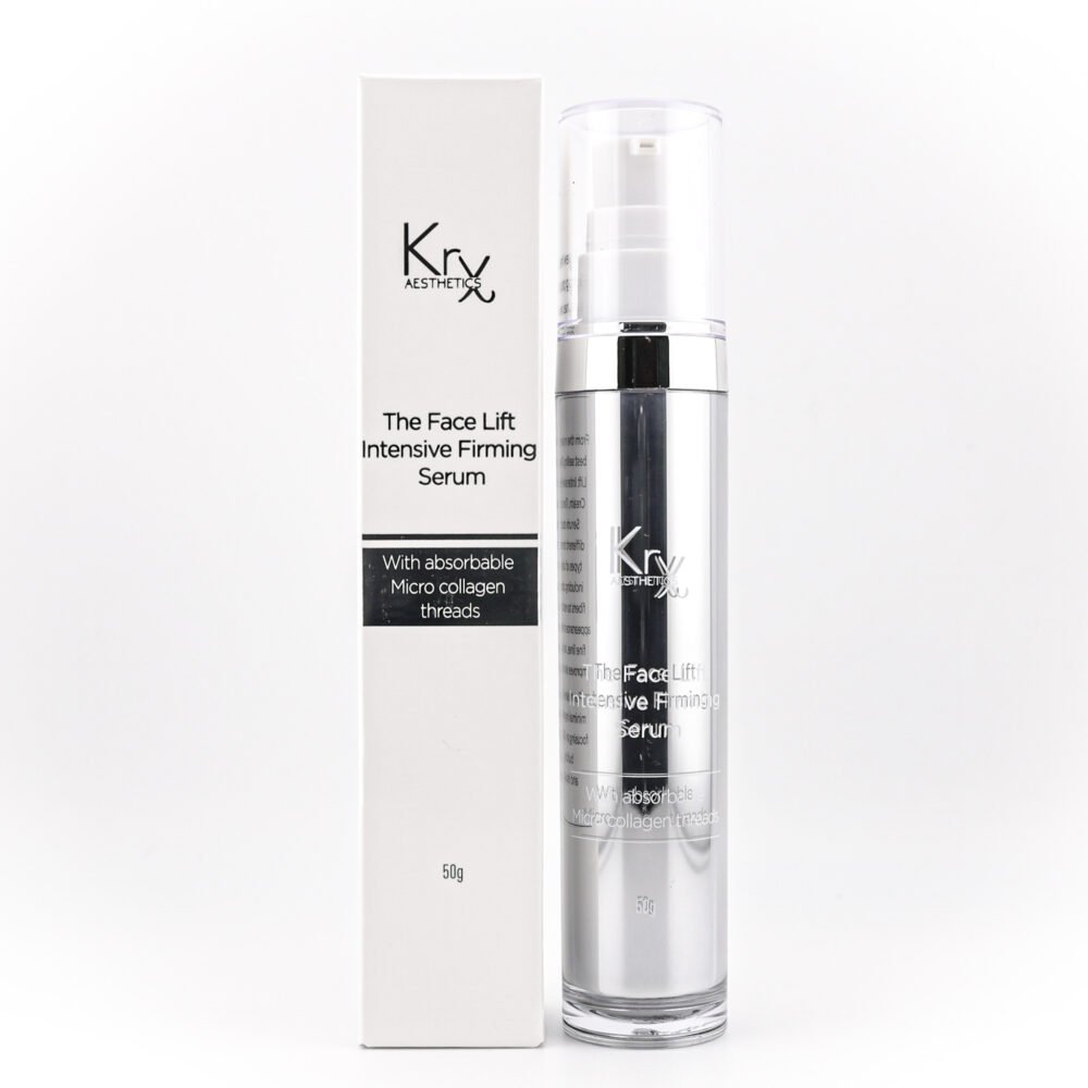 KrX Aesthetics The Face Lift Intensive Firming Serum – eleganter, silberner Pumpspender neben passender Verpackung auf hellem Hintergrund.
