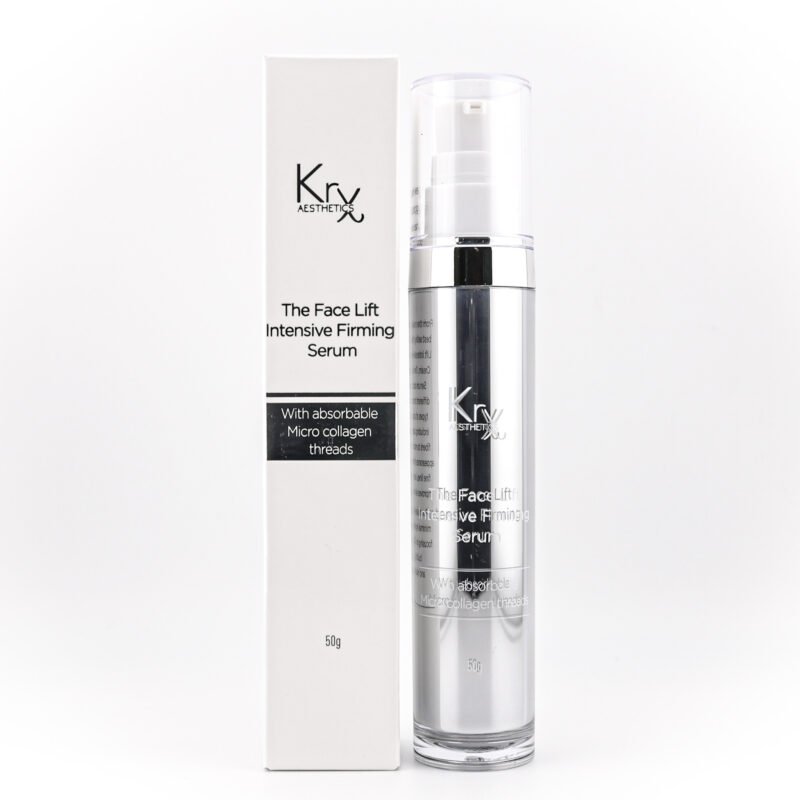 KrX Aesthetics The Face Lift Intensive Firming Serum – eleganter, silberner Pumpspender neben passender Verpackung auf hellem Hintergrund.