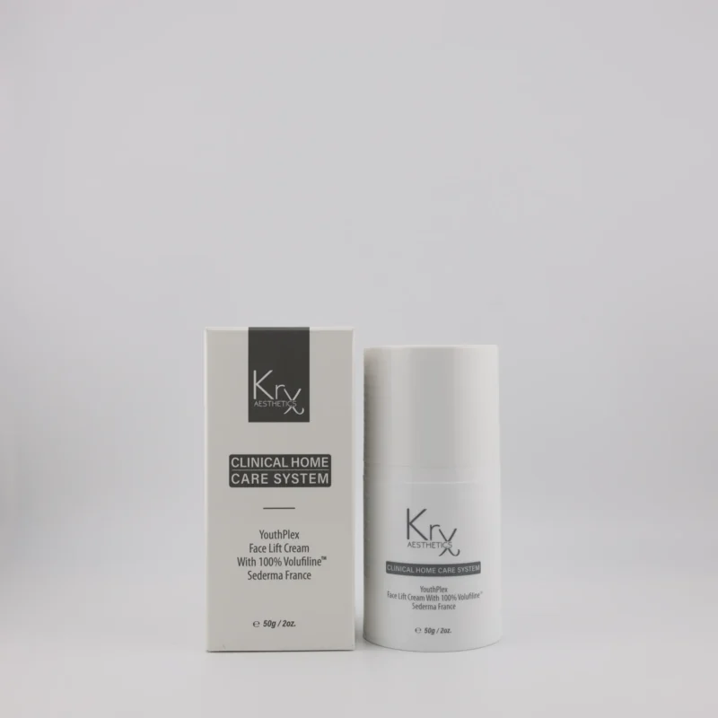 KrX Aesthetics YouthPlex Face Lift Cream – Produktflasche und Verpackung mit 50 g Inhalt, straffende Anti-Aging-Creme mit Volufiline™ für die Heimpflege.