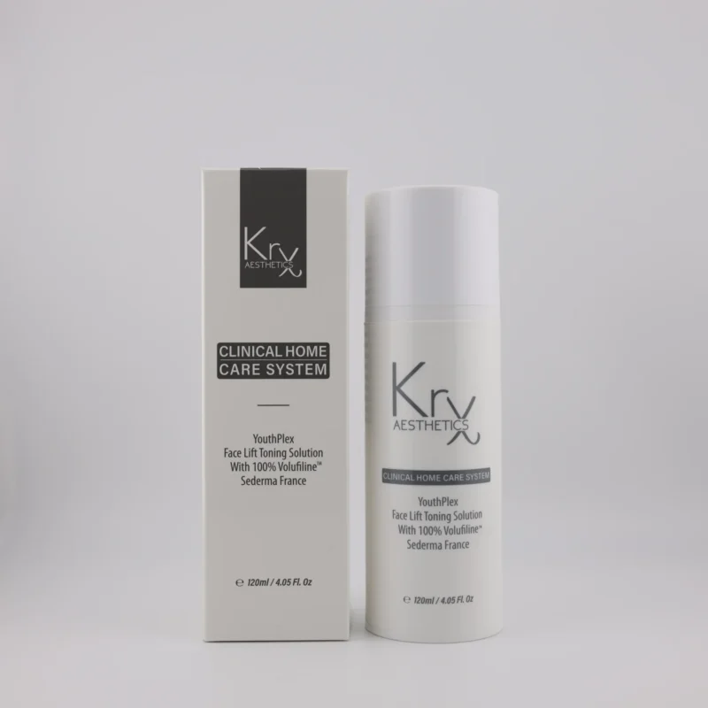 KrX Aesthetics YouthPlex Face Lift Toning Solution – Verpackung und Produktflasche mit 120 ml Inhalt, geeignet für Home-Care-Anwendungen zur Hautstraffung.