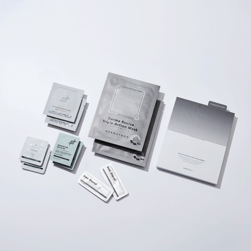 Dermathod Derma Revive Triple Action Mask und Ampullen-Sets für professionelle Hautpflege.