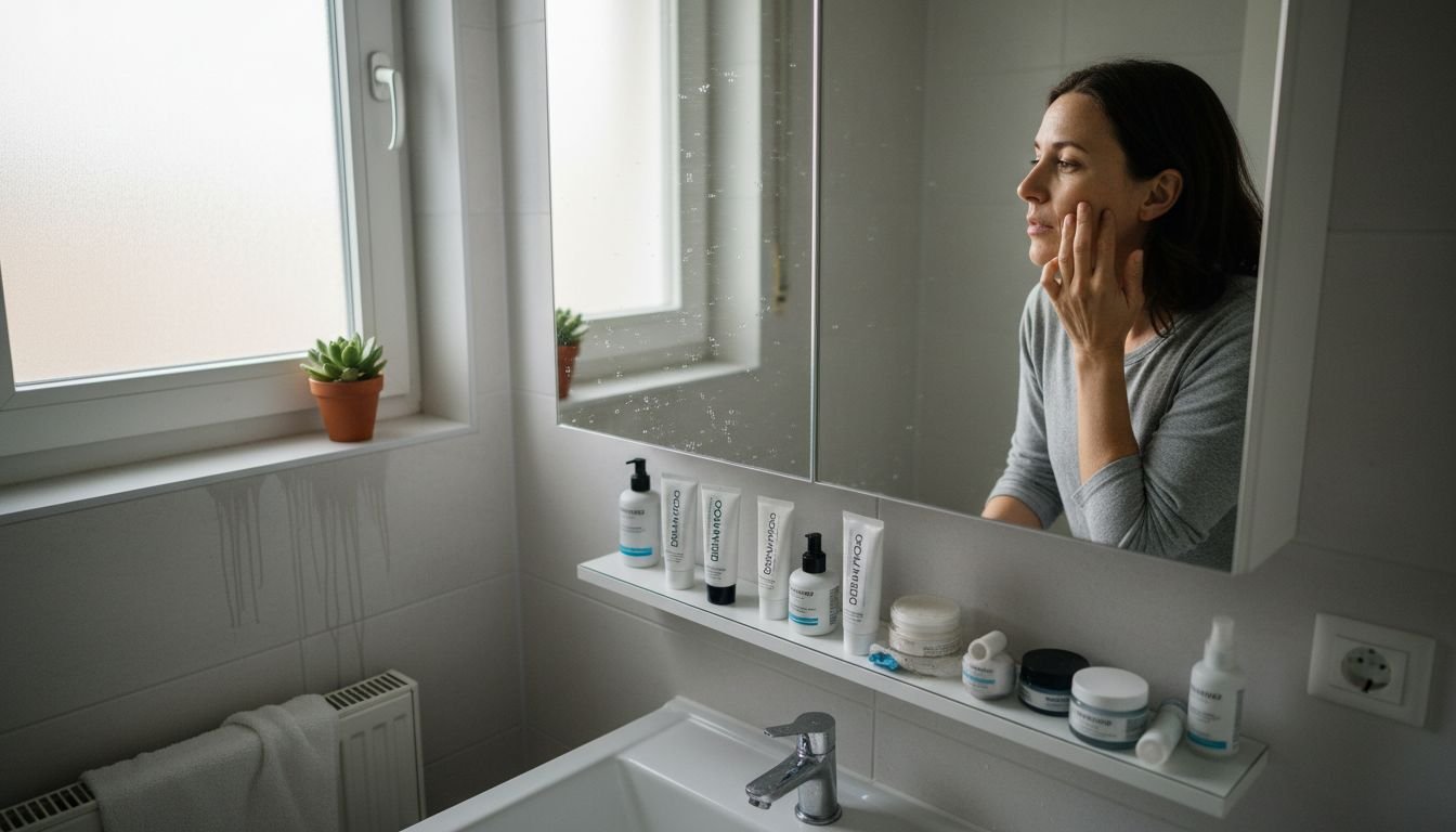Eine Frau steht vor einem Badezimmerspiegel und berührt ihr Gesicht, während mehrere Dermathod-Hautpflegeprodukte auf dem Waschbeckenrand stehen.