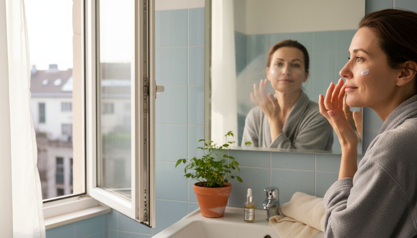 Eine Frau steht im Badezimmer vor dem Spiegel und trägt mit den Fingern Creme auf ihr Gesicht auf.