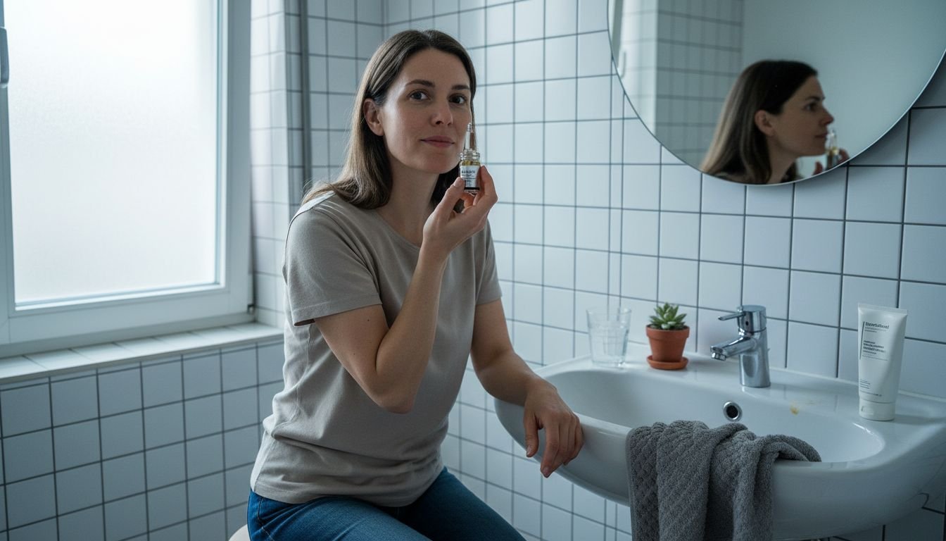 Eine Frau sitzt im Badezimmer am Waschbecken und hält ein kleines Fläschchen eines Pflegeprodukts in der Hand.