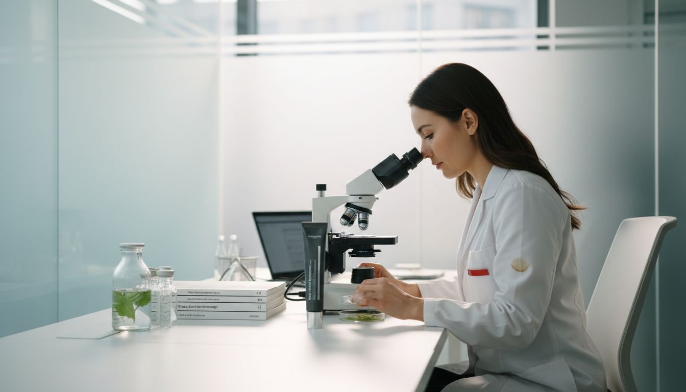 Koreanische Frau schaut durch ein Mikroskop