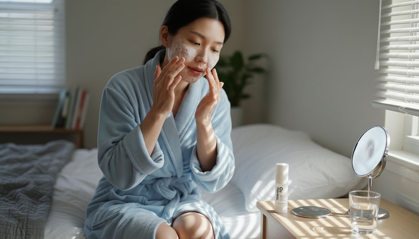 Koreanische Frau sitzt auf dem Bett und cremt sich mit dem O2 Tox Peel ein